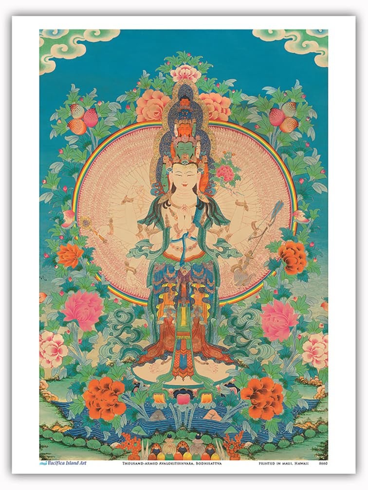 Pacifica Island Art Thousand-armed Avalokiteshvara - Kuan Yin - Bodhisattva of Compassion - Vintage Tibetan Thangka Buddhist Painting c.17th century - Master Art Print (Unframed) 9in x 12in - Image 1